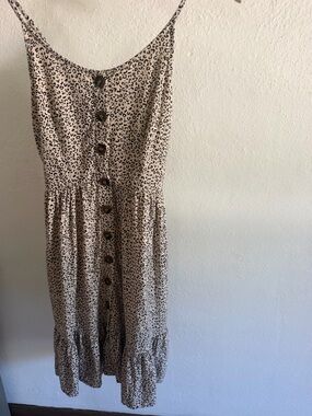 Japna Leopard Print Button Front Dress XS Smocked Back, Ruffle Hem